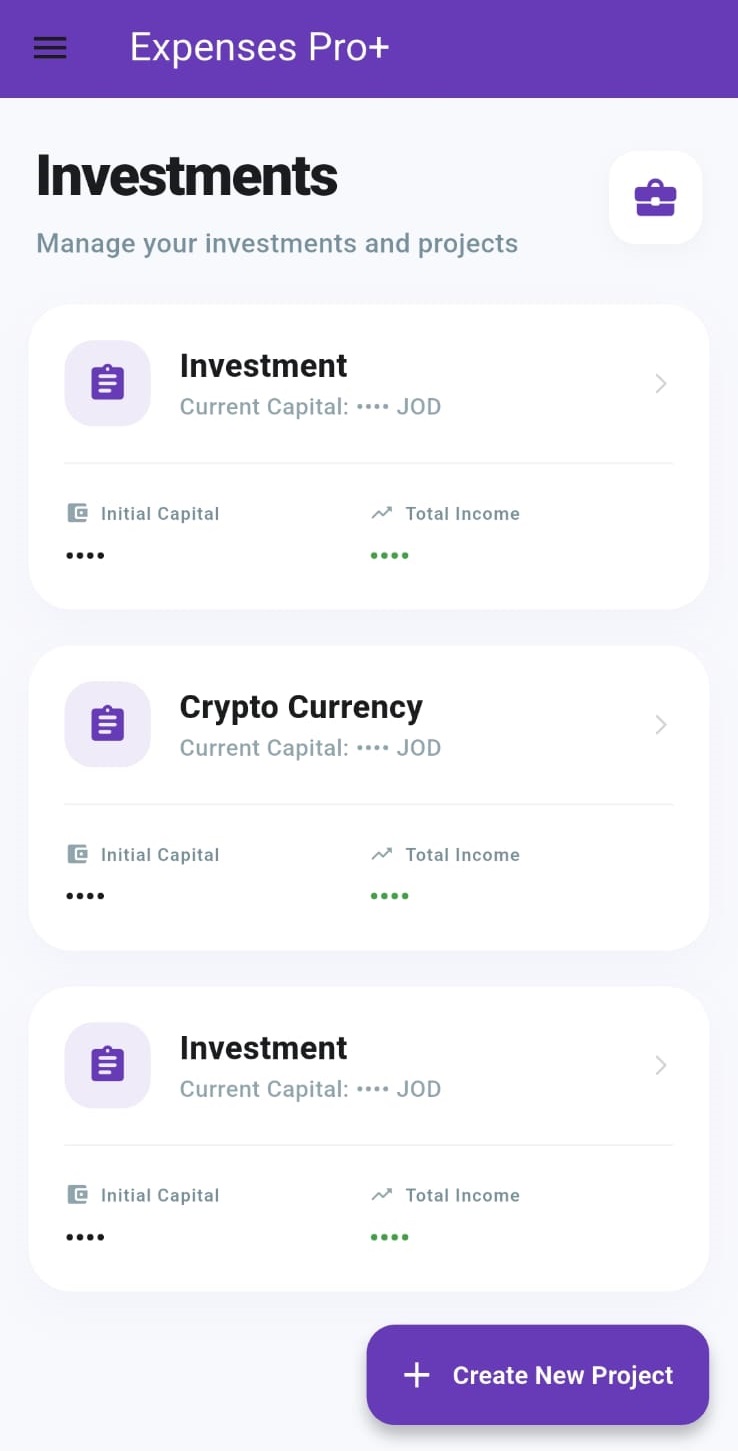 Expenses Pro+ investments screen
