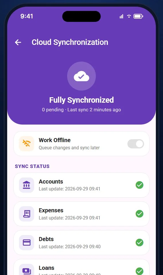 Expenses Pro+ cloud synchronization screen