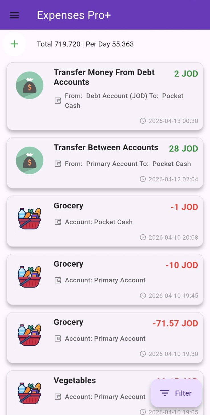 Expenses Pro+ transactions screen